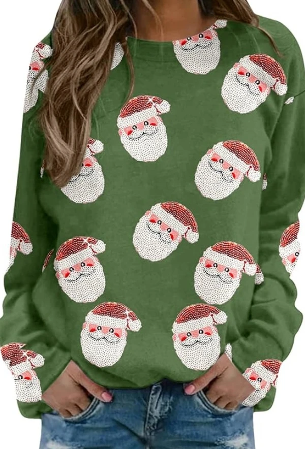 Christmas Sequin Santa Hoodies Sweatshirt Womens Long Sleeve O-Neck Sweater Patchwork Loose Vintage Blouse Female Pullover