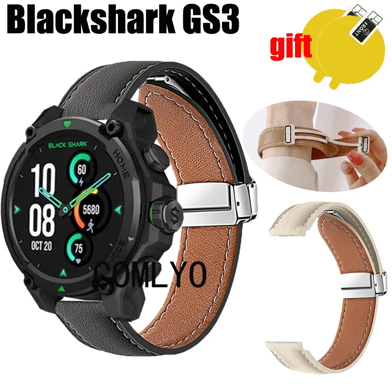 For Blackshark GS3 Strap Leather Genuine Folding Magnetic Buckle Soft Smart Watch men Band Screen protector film