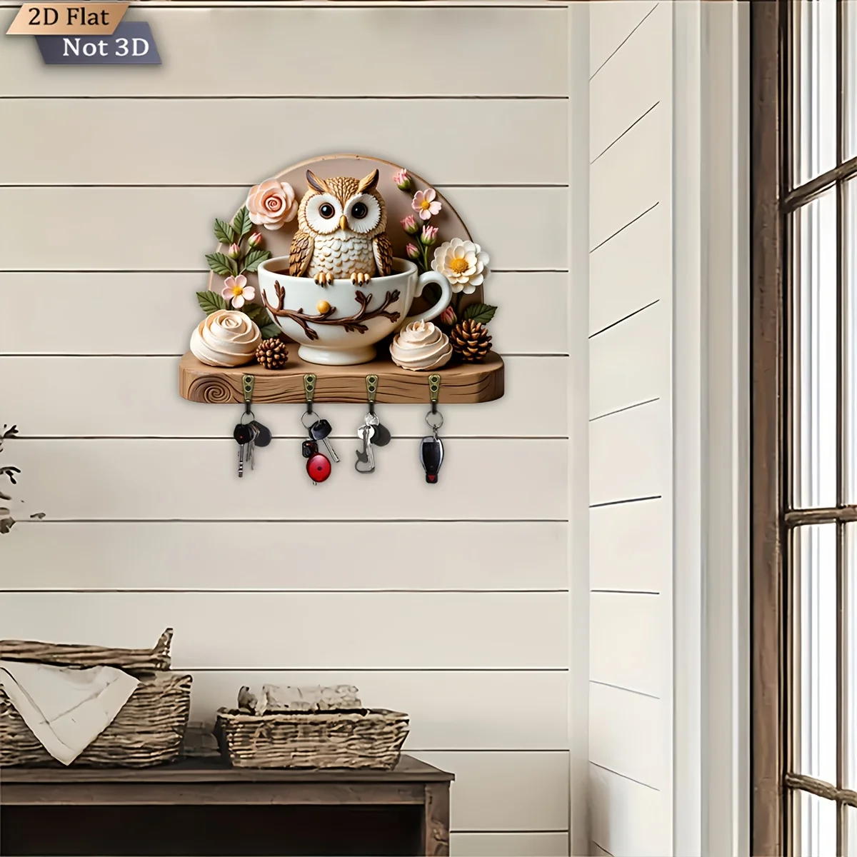 2D Flat, 1pc, Owl Teacup Floral Theme Key Hook, Wooden Multifunctional Home Key Holder with Four Metal Hooks, Suitable for Wall view 4