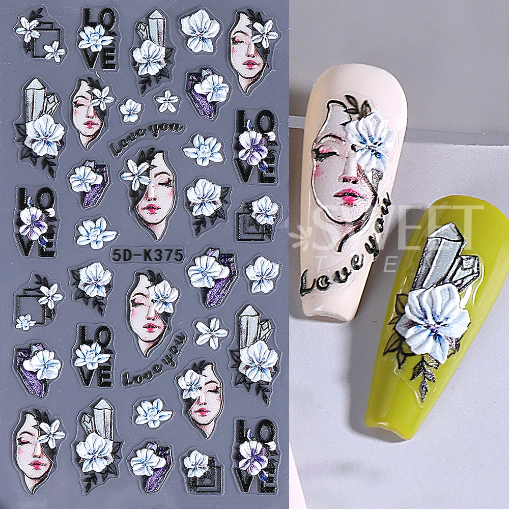 Adesivi per nail art con fiori geometrici viola Decalcomanie per unghie invernali autoadesive in rilievo 5D per decorazioni per manicure di San Valentino