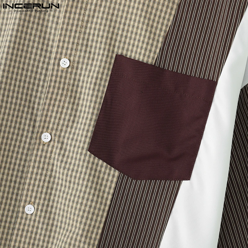 INCERUN الرجال القمصان موضة الصيف قصيرة الأكمام بلايز الشارع الشهير شريط منقوشة قميص المرقعة المحملة المعتاد ملابس للرجال S-5XL #5