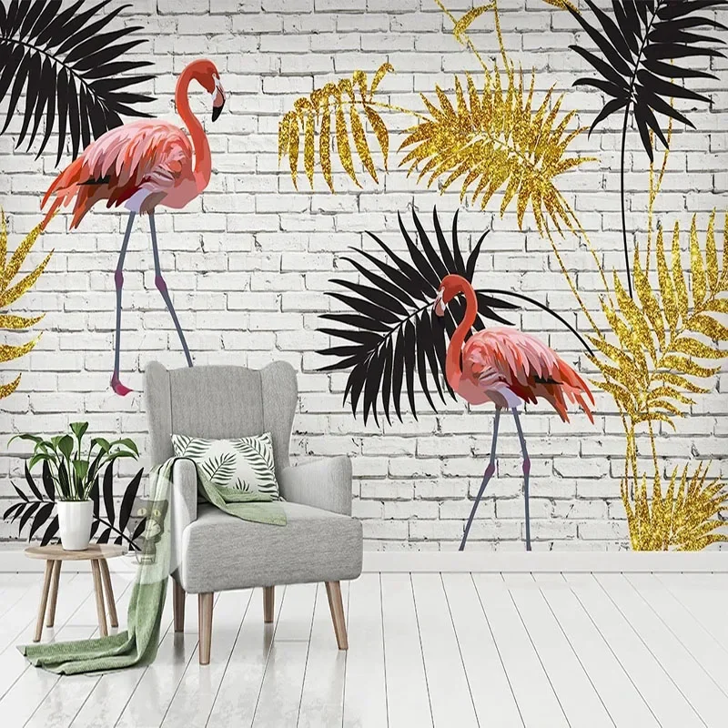 

Custom 3D Wall Mural Gold Leaf Flamingo Modern Fashion Background Wall Decor Living Room Bedroom Restaurant Cafe Photo Wallpaper