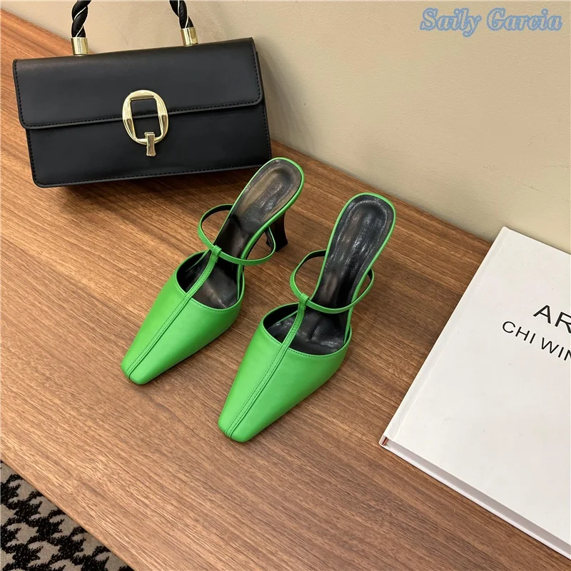 Green T Tied Square Toe Concise Stiletto Heel Slippers Outside Cowskin Green Summer Modern Solid New Arrival Fashion Party Shoes