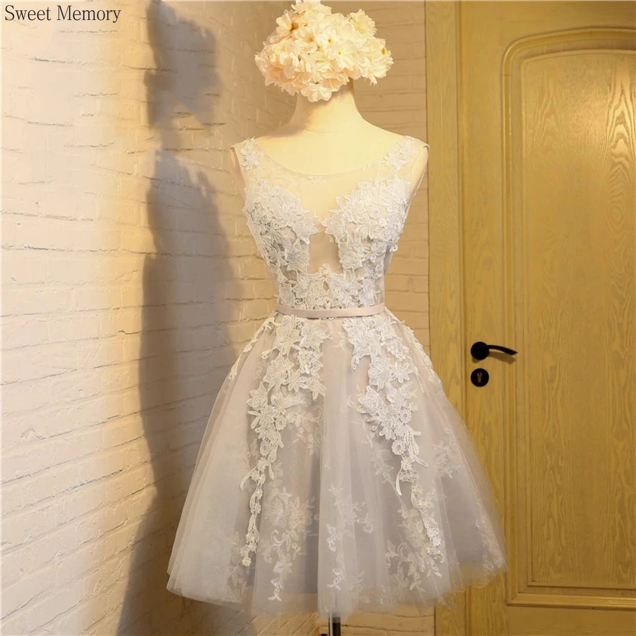 A4133 Customized Blue Short Bridesmaid Dresses Gray Sweet Memory Sleeveless Appliques Lace Tulle Party Wear Dresses for Women