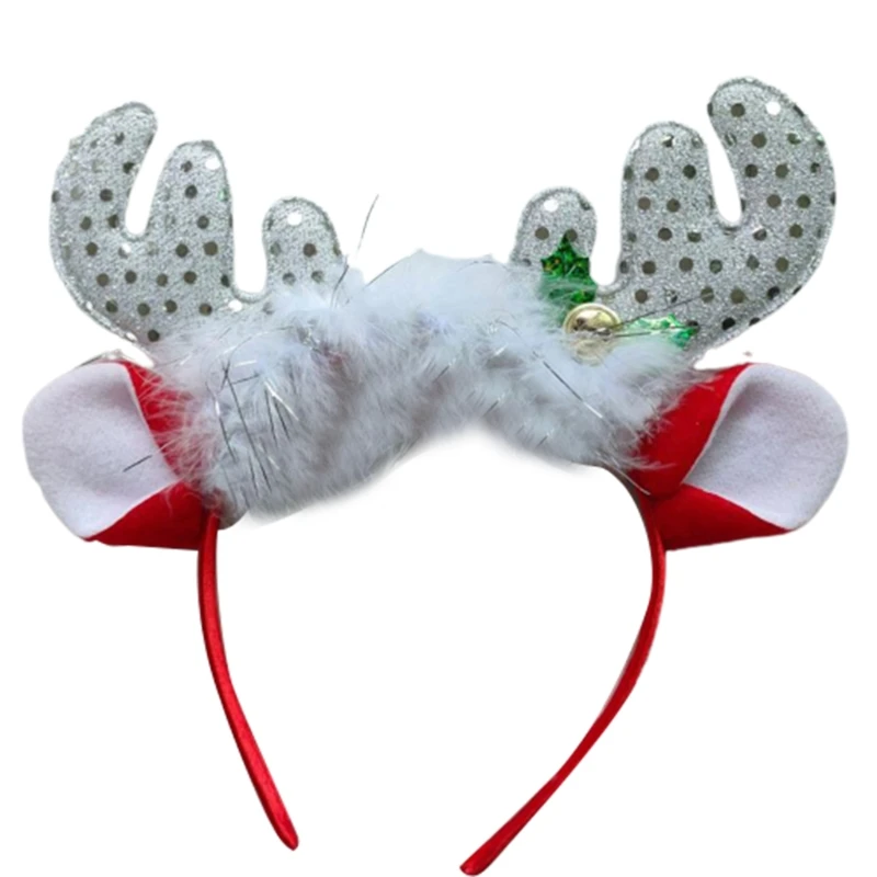 Zwierzęcy róg jelenia z pałąkiem na głowę z dzwoneczkami poroża z piór obręcz do włosów nowość ozdoby do włosów na imprezę Christmas Party Hairband