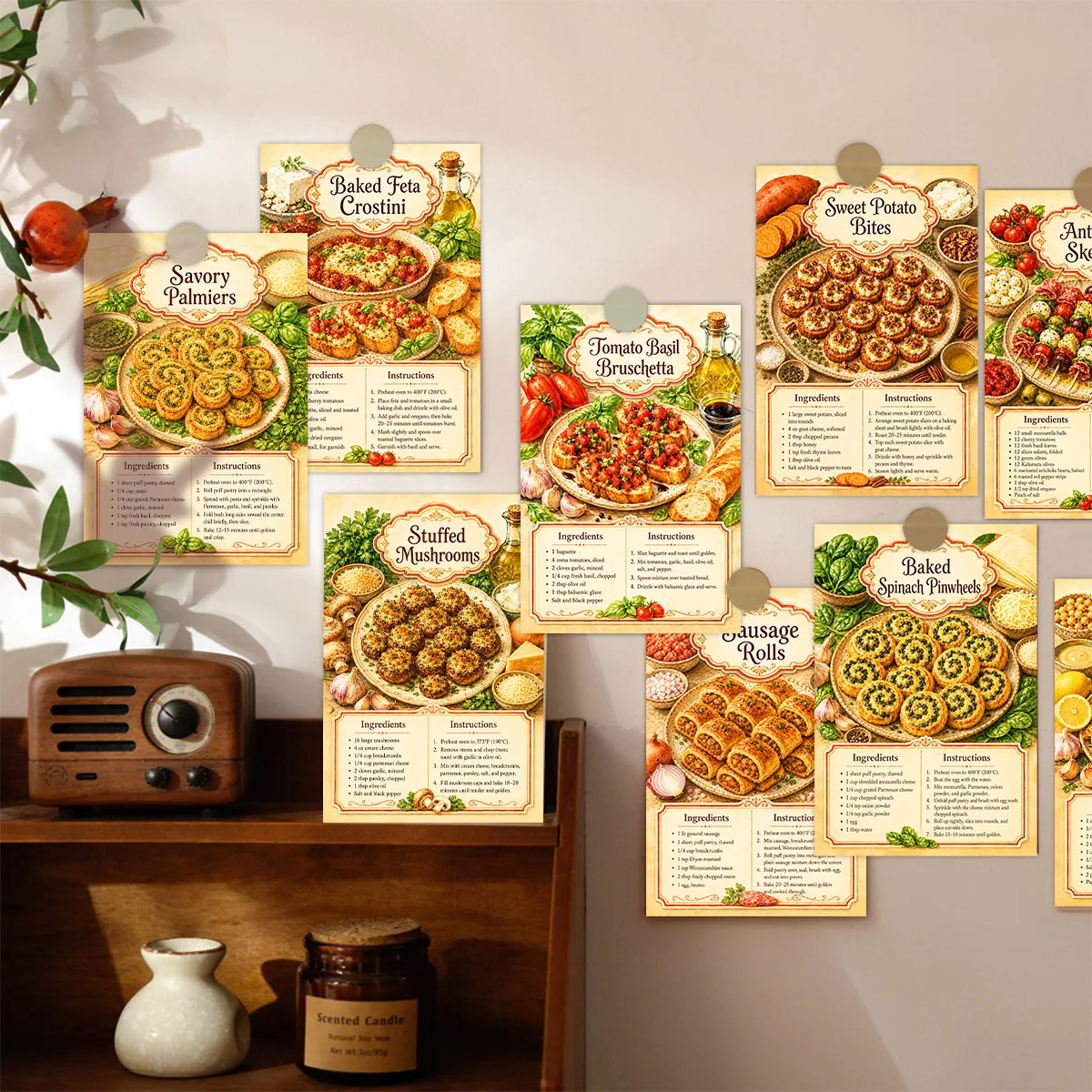 20枚のヴィンテージ前菜レシピポストカード、おいしいスナック - Food Snacks Gifts のレビューと価格