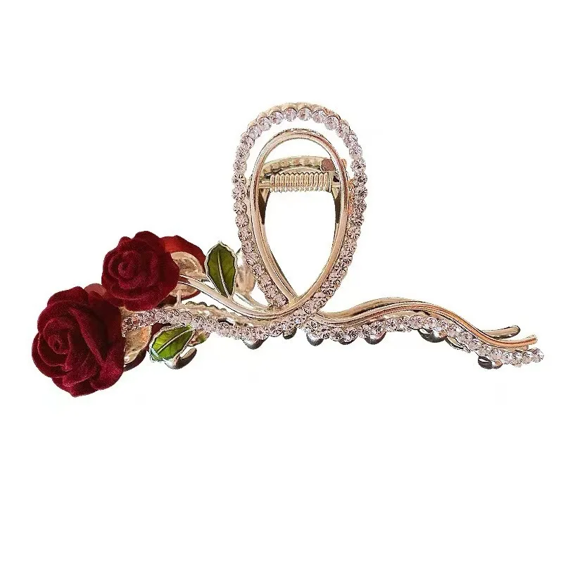 Retro New Rhinestone Rose Grasp Clip Women\'s Ponytail Shark Clip Hair Claw Hair Clip Elegant Girl Fashion Hair Accessories