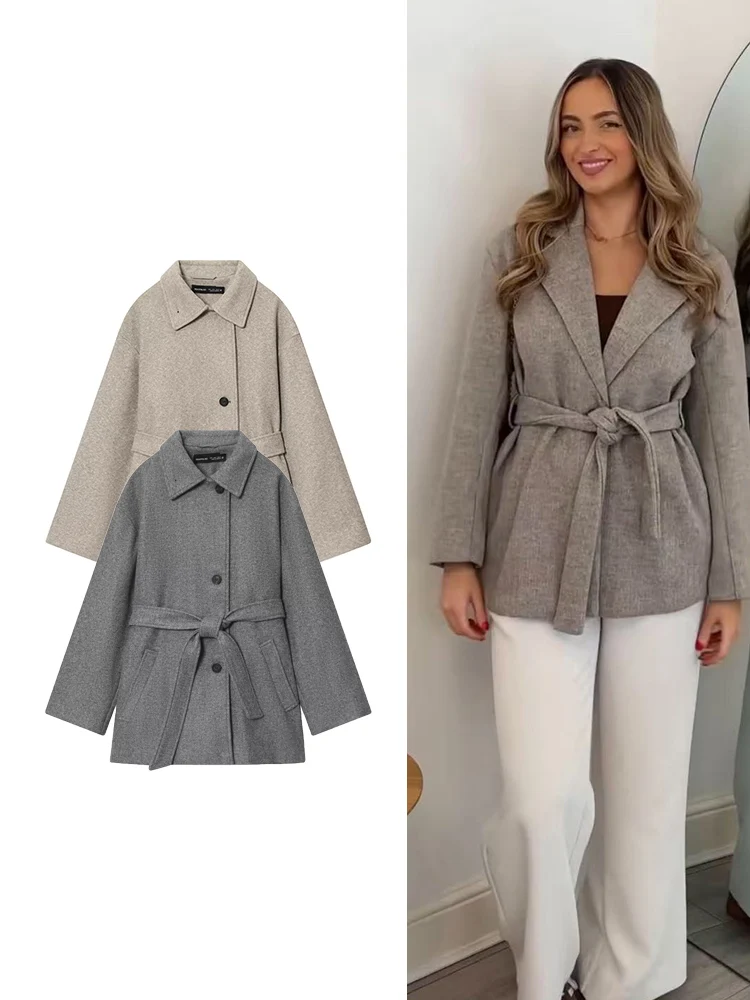 

TFMLN Women New Wool Long Coat 2025 Elegant Notched Collar Belted Female Warm Double Faced Woolen Button Up Winter Overcoat