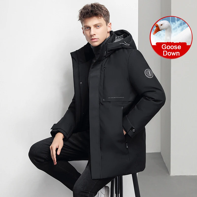 Mens Coat White Goose Down Jacket Winter Thick Parkas Puffer Tops Mid-length Outerwear Removable Cap Warm Outdoor Overcoat 2022