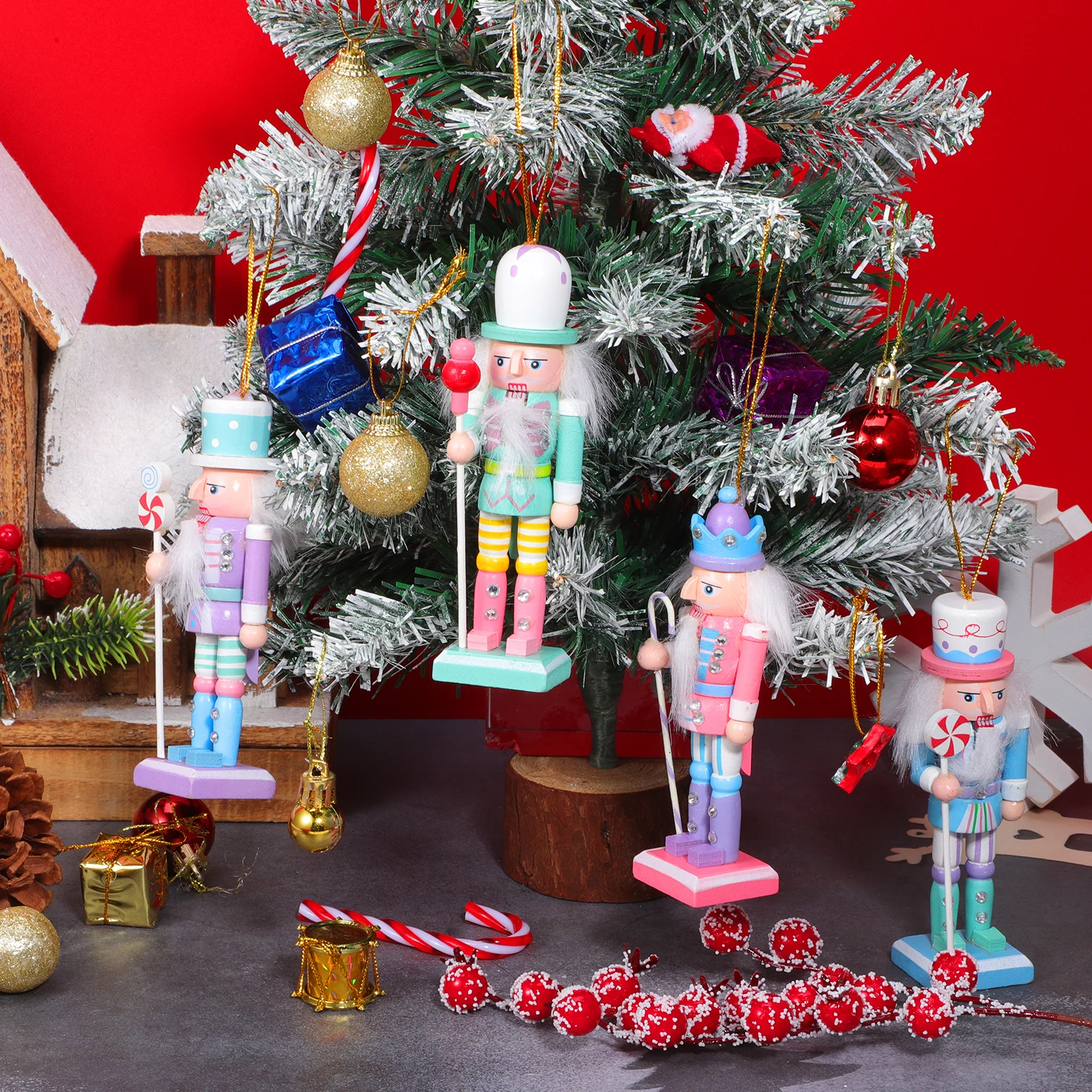 

4pcs Wooden Nutcracker Figurines Christmas Decor Holiday Home Decoration Xmas Ornament Traditional Craft Indoor Tree Hanging