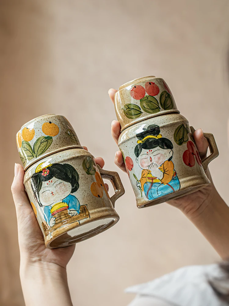 

Exquisite Hand Painted Lady Mug Antique Thermos Style Ceramic Cup with Lid Personal Use