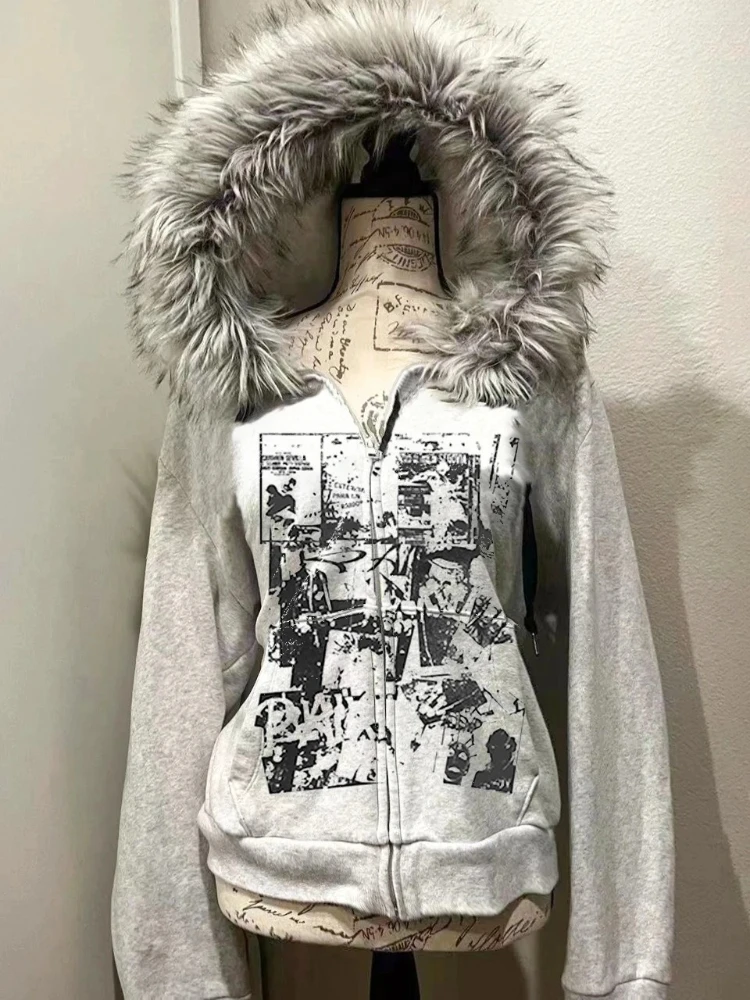 Y2K Gothic Punk Emo Harajuku Subculture Loose Fit Winter Warm Women's Hooded Faux Fur Coat American Vintage Sweatshirt Outerwear