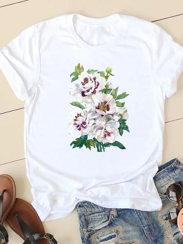 

Short Sleeve Fashion Women Print T Clothing Sweet Flower Lovely Trend Ladies Casual Female T-shirts Clothes Graphic Tee