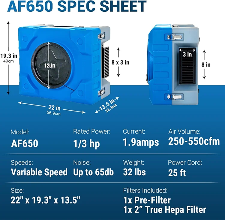 Commercial Portable 115V 550CFM Industrial Air Cleaner Restoration Hepa Air Scrubber Machine