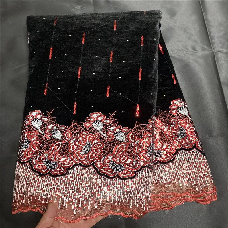 5 Yard Nigerian Flocking Velvet Sequins Lace Fabric High Quality African Heavy Beaded And Pearls For Woman Party Dresses PS09031