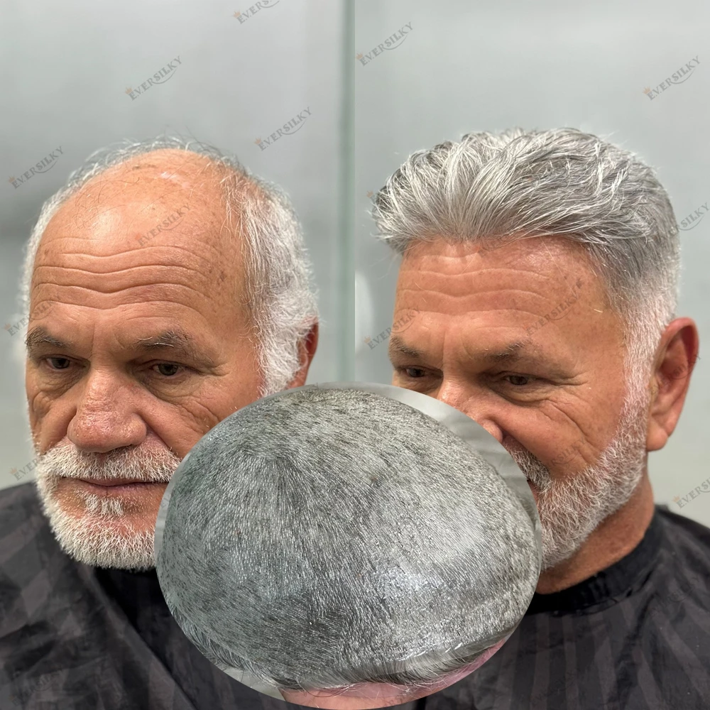 Undetectable 80%~90% Density Super Thin Skin Men's Human Hair Toupee Natural Hairline Capillary Prosthesis 1B65 565#Grey Hair