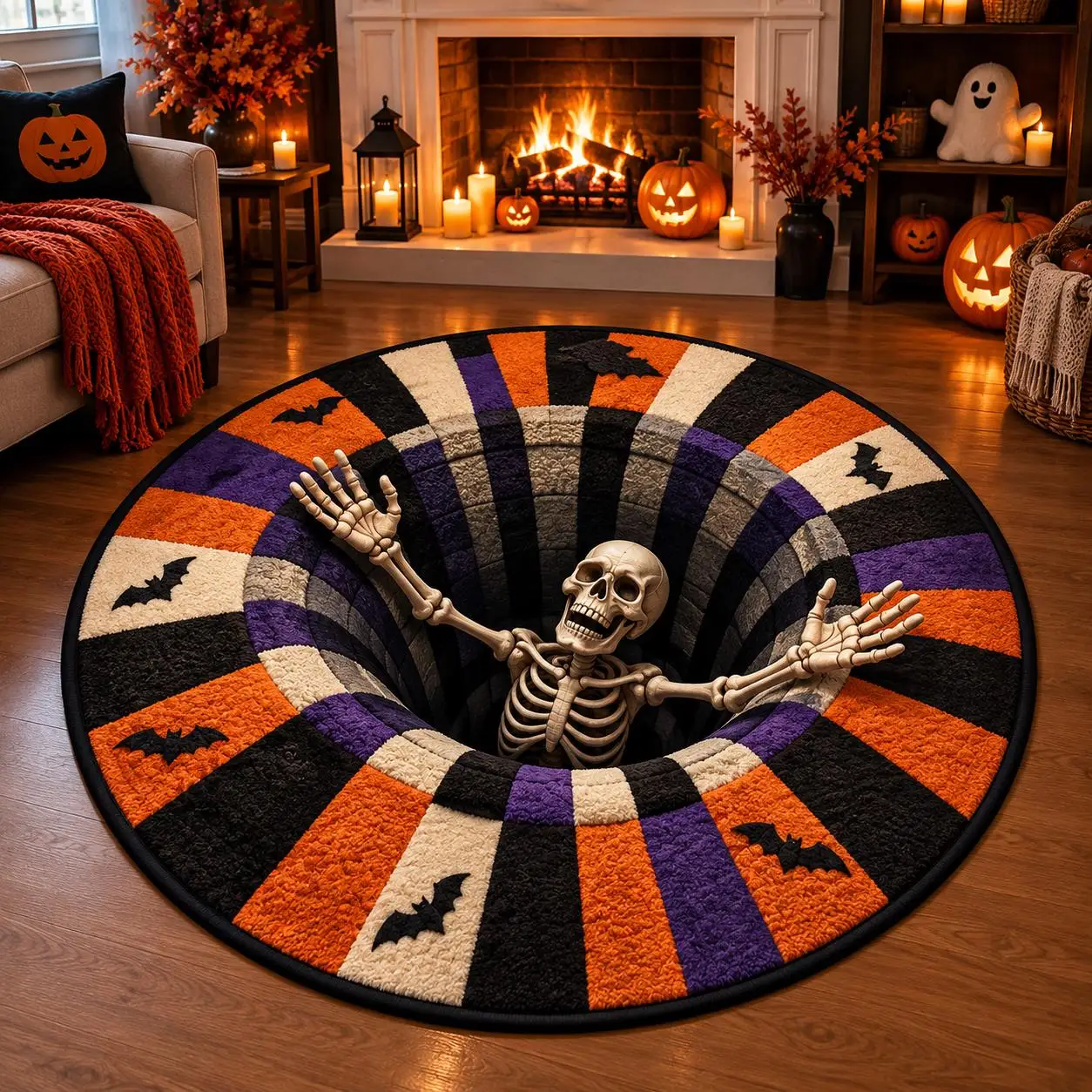 Halloween Skeleton Vortex Round Rug Striped Bat Pattern Spooky Floor Mat 3D Illusion Festival Party Backdrop Carpet