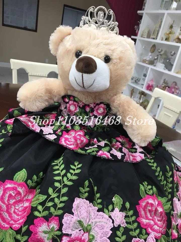 Personalised Quinceanera Teddy Bear Dress Black Ruffle Delicate Floral Appliques Special Links