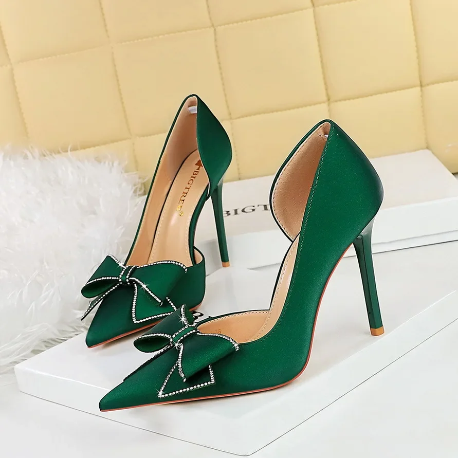 

BIGTREE Spring and Autumn Women Pumps Pointed Toe Wedding Butterfly Knot Silk 10.5CM Thin Heels Hollow Dress Woman Shoes