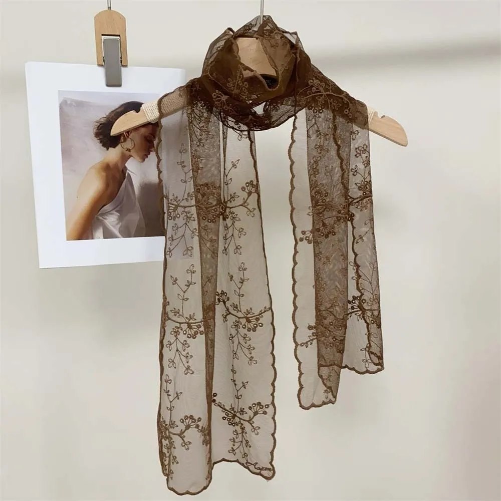 Breathable Spring Silk Scarf Silk Quick-drying Lace Thin Headscarf Sunscreen Polyester Embroidered Flower Shawl Neck Decoration
