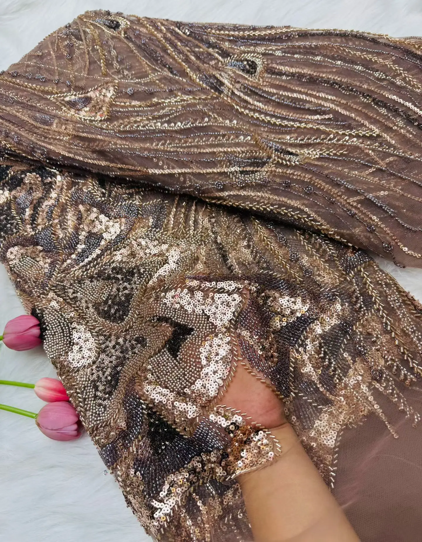 2025 최신 오스트리아 최고급 부드럽고 우아한 아프리카 비즈 튜브 레이스 스팽글 원단, 나이지리아 럭셔리 생일 드레스용 Hm207-1