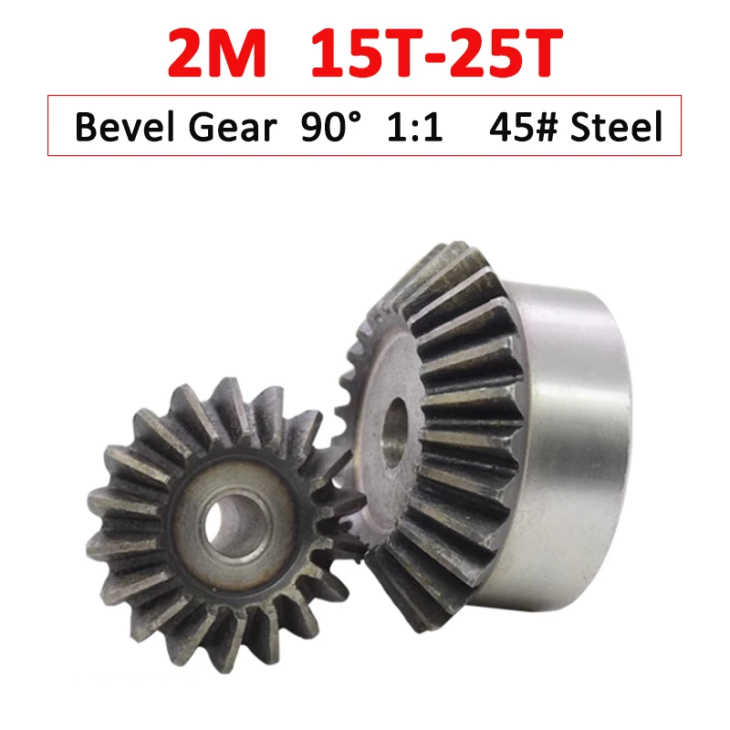 

1pc 1:1 Bevel Gear 2M 15/16/17/18/19/20/21/22/23/24/25 Teeth 2 Modulus Drive Gear 90 Degrees Meshing Angle 45# Steel Rough Hole