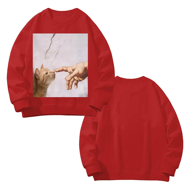 パーカー女性猫油絵プリント面白いグラフィックプルオーバースウェット長袖カジュアルレッドトップス原宿服 2025