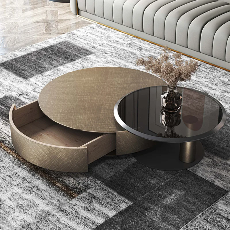 

Simple modern living room small apartment round rock slab coffee table stainless steel coffee table tempered glass rock slab