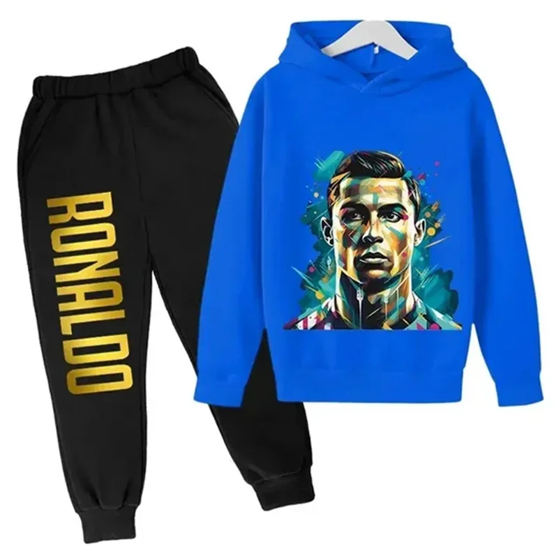 Ronaldo printed children\'s hoodie set autumn and winter fleece hooded pants two-piece sports casual children\'s clothing