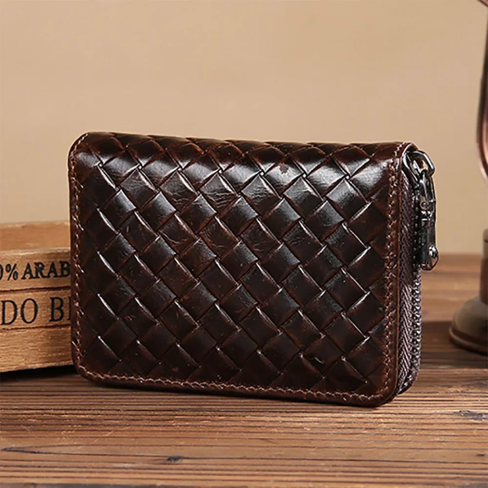 Oil Wax Cowhide Bifold Wallet ID/Credit Card Holder Vintage Deisgner Male Zipper Coin Purse Genuine Leather Men MIni Clutch Bag