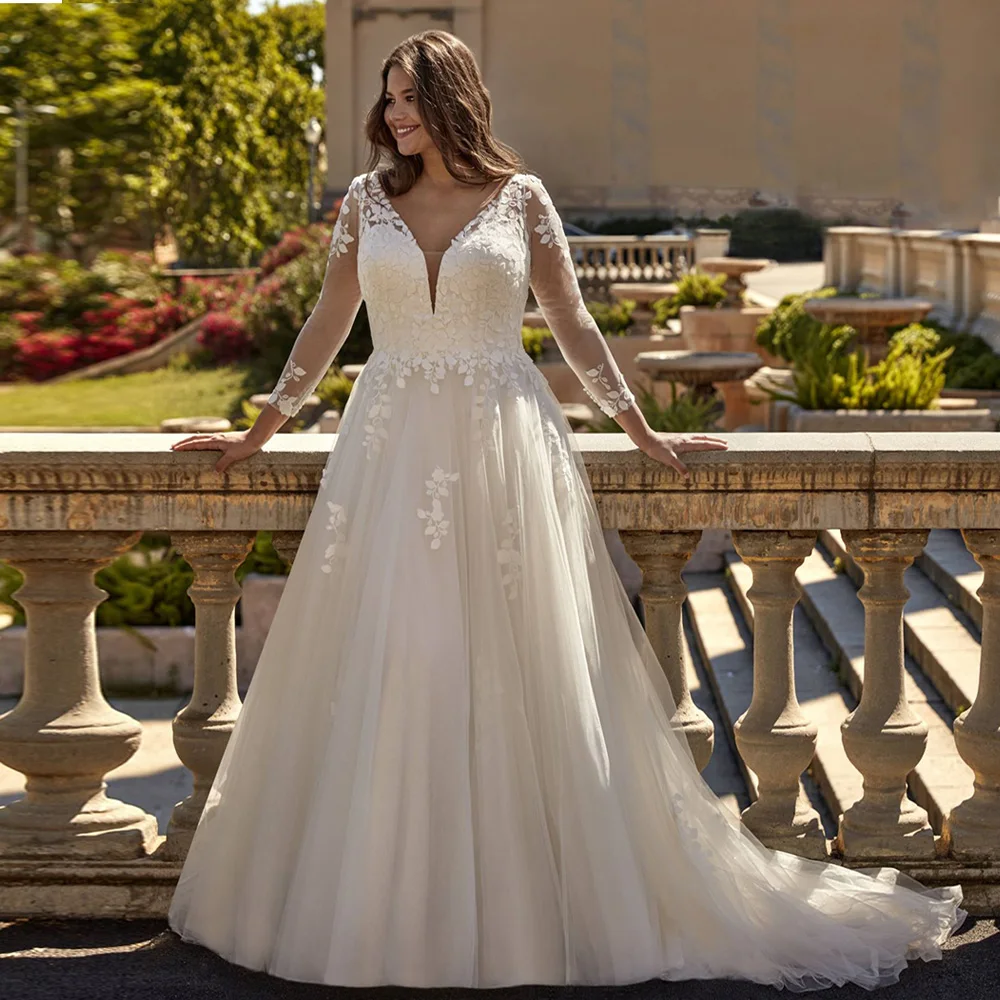 فستان زفاف كلاسيكي مقاس كبير مخصص بياقة على شكل V وأكمام طويلة مزين بقطار سويب فيستدو دي نويفا فستان زفاف نسائي