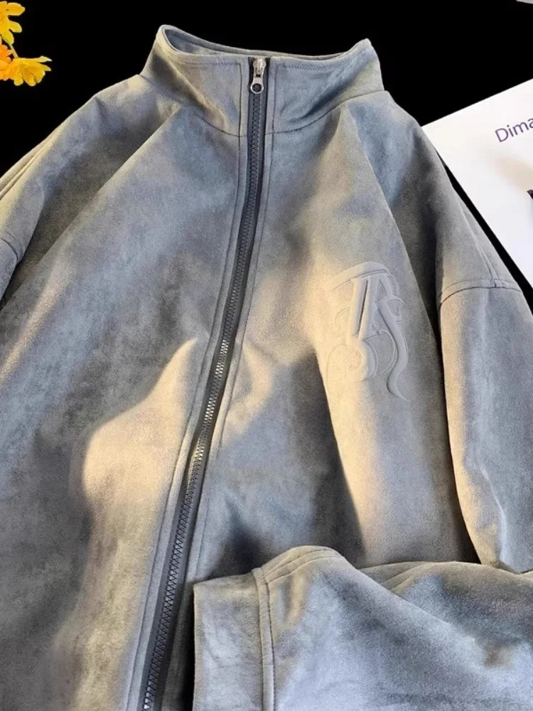 

Осень-зима, большой размер, замшевый бейсбольный джет, мужской свободный кардиган с воротником-стойкой, верхняя одежда, модная молодежная мода