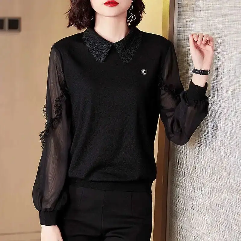 Women Korean Fashion Sexy Sheer Mesh Lace Patchwork Elegant Chic Blouse Female Casual Black Long Sleeve Loose Tops Blusas Mujer