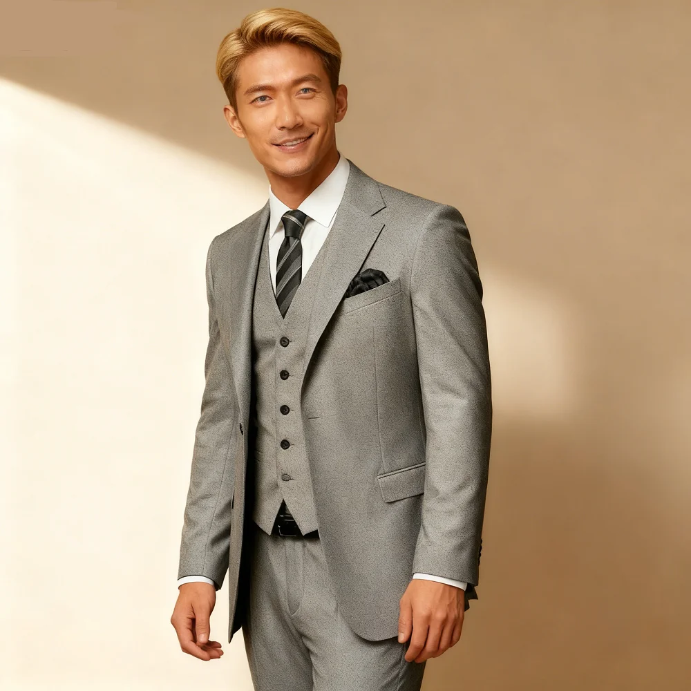 

Men's Monochromatic Slim Fit 3-Button Peak Lapel Smoking Jacket Vest Formal Business Suit Set for Wedding Terno