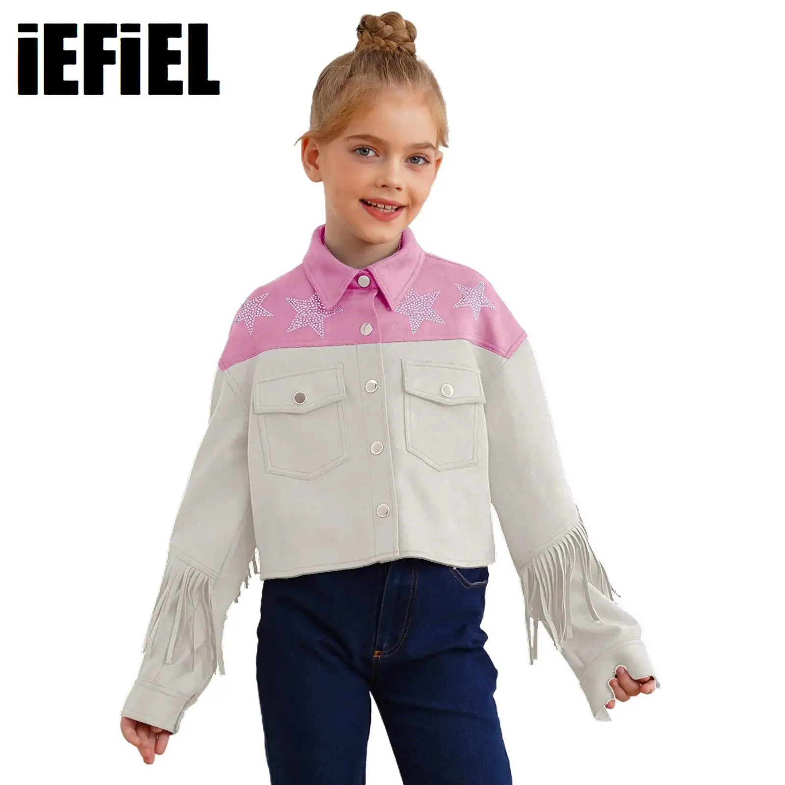 

Kids Girls Faux Suede Tassels Jacket Turn-Down Collar Long Sleeve Star Rhinestones Color Block Fringe Jacket Outerwear