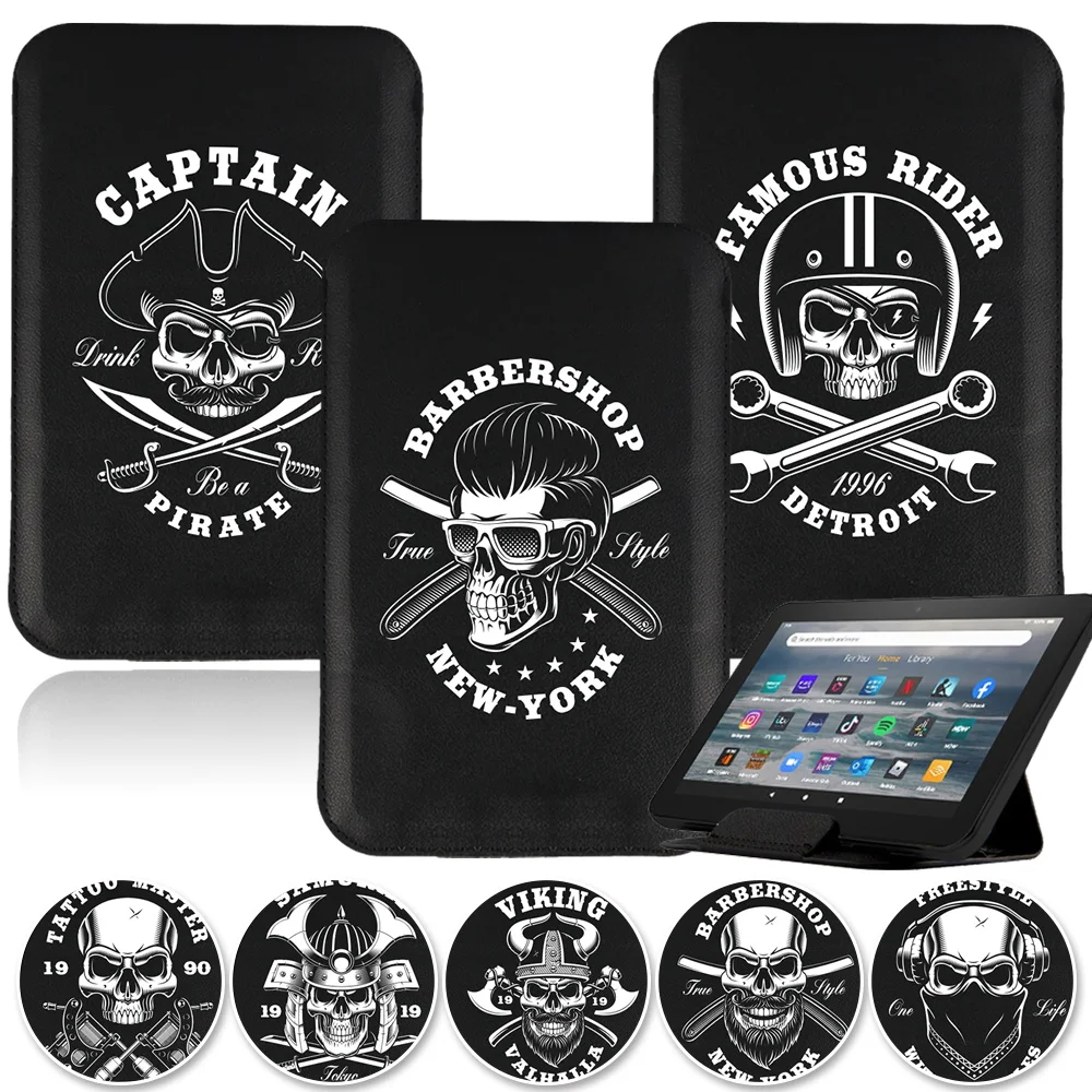 With Skull Series Tablet Case for Fire 7/HD 8/HD 10/HD 8 Plus 2020/HD 10 Plus 2021 Pu Leather Sleeve Magnetic Stand Cover Pouch