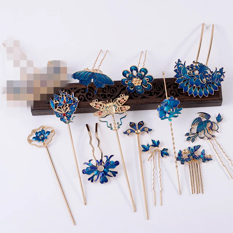 Ancient style Ming Hanfu hair accessories dripping oil imitation burnt blue cloisonne hairpin hairpin accessories factory spot d