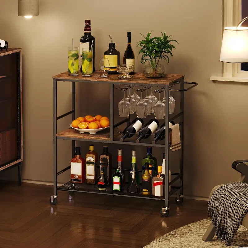 Home Bar Cart 29.5 Inch with Wheels 3 Tier Serving Cart with Wine Rack and Glass Holder