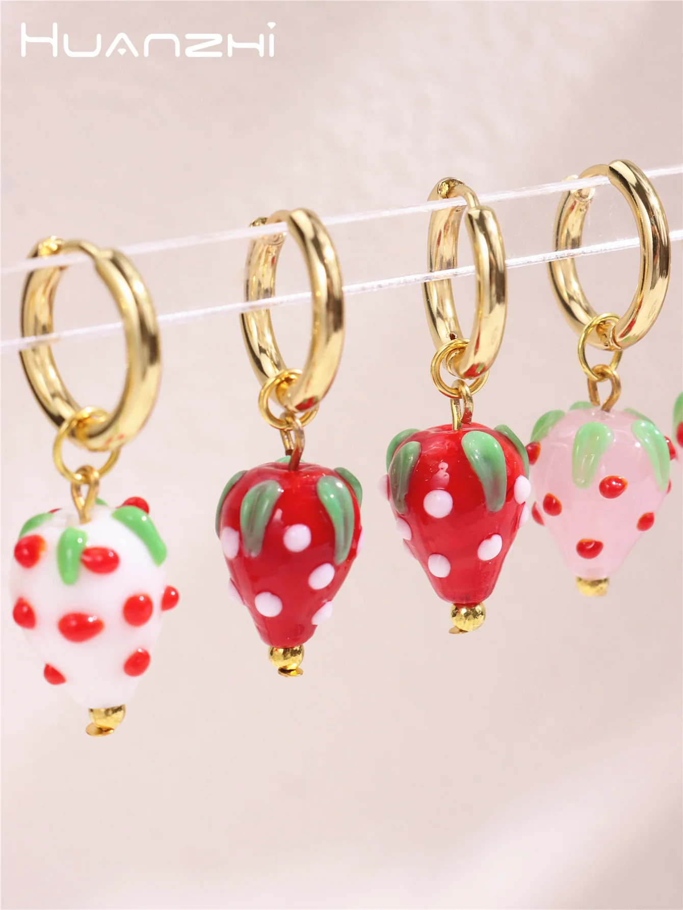 HUANZHI Ceramic Fruit Strawberry Hoop Earrings for Women Girls Cute Fun DIY Beaded Creative Handmade Jewelry Accessories 2024