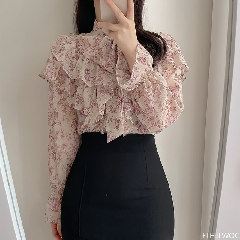 2024 Spring New Ruffles Tops Romantic Office Girls Flower Print Retro Cute Sweet Japan Style Flare Sleeve Pink Basic Shirts