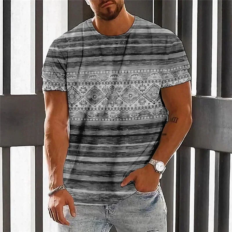 Summer Casual Male Streetwear Clothes Ethnic 3D Print T-shirt Fashion Harajuku Street Round Neck Short Sleeve Tops