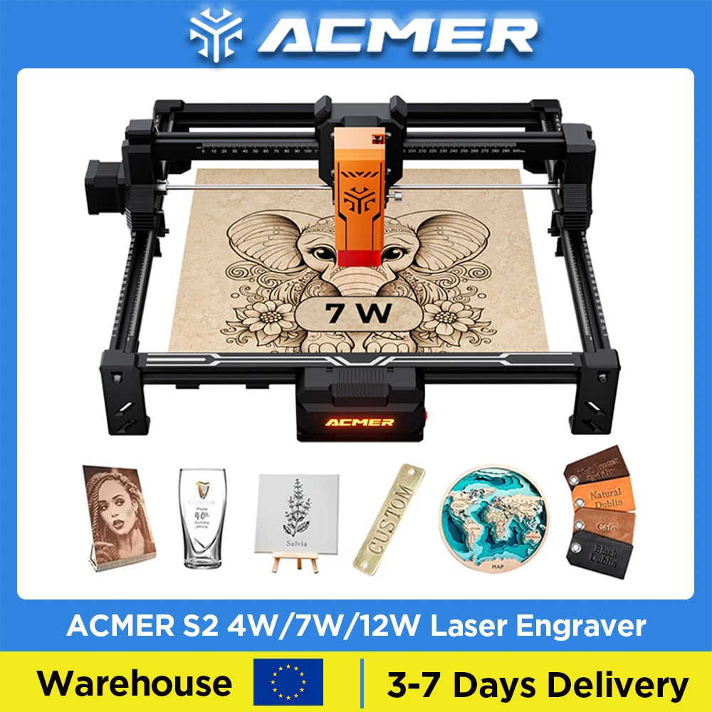 

ACMER S2 12W 7W 4W Laser Engraver Working Area 300*300mm Upgradeable Engraving Cut Machine for Engravable Wood Lacquered Metal