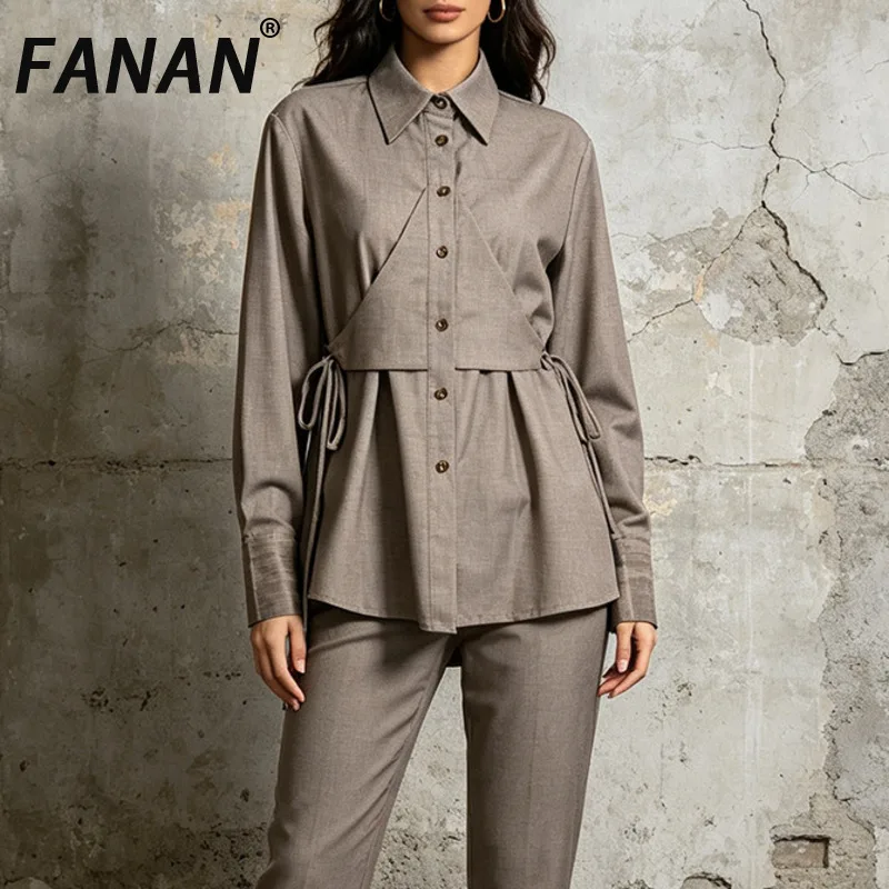 FANAN Autumn New Fake Two Piece Layered Gray Shirt Women Lapel Long Sleeve Drawstring Side Tie Waist Elegant Office Blouse