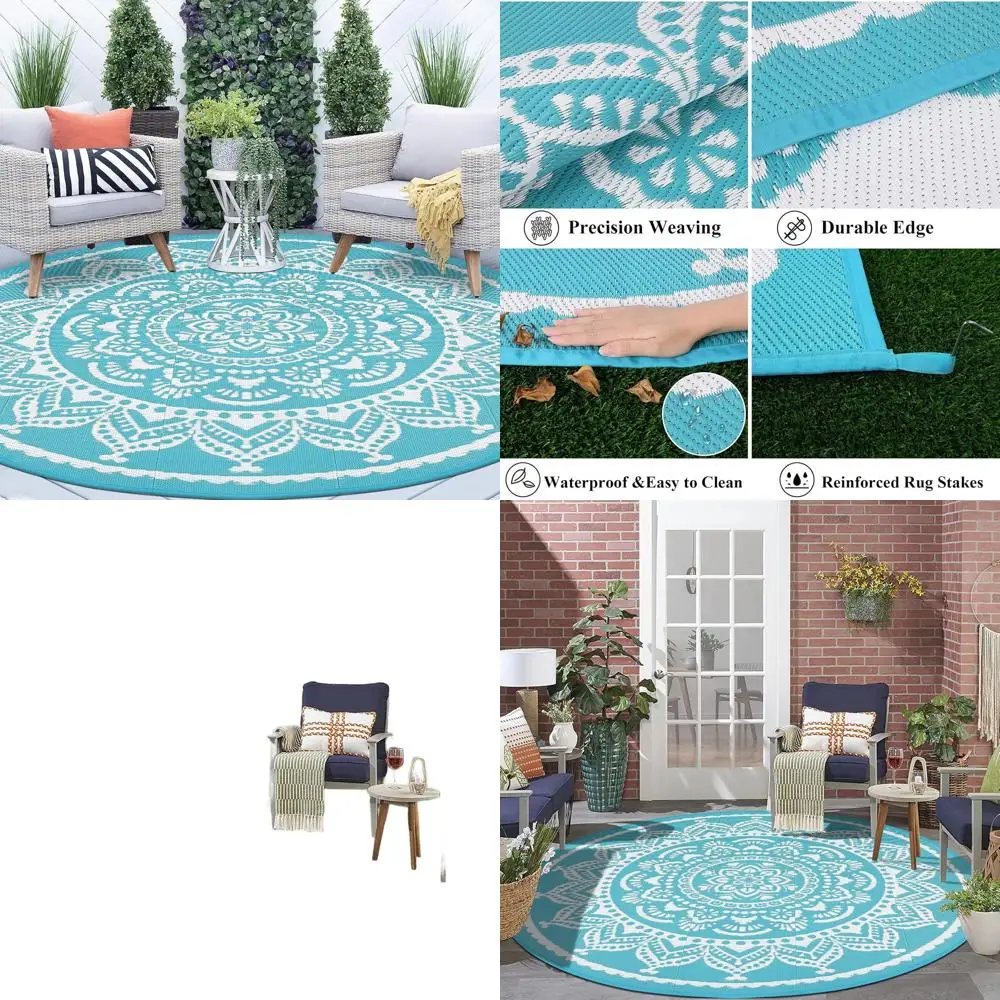 

Двусторонний уличный коврик в стиле бохо, круглый, 8 футов, портативный для патио, террасы, автофургона, кемпинга, пляжа - бирюзовый
