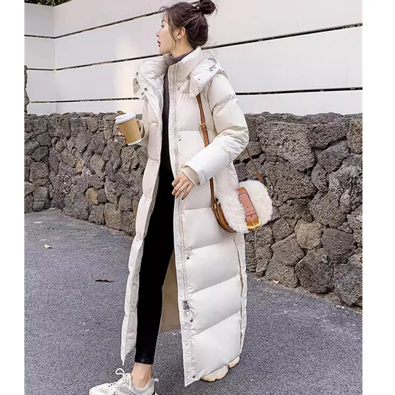 2024 Winter New Korean Thicken X-Long Down Jacket for Women Hooded Extra Long White Duck down Coat Female Warm Parker Overcoat