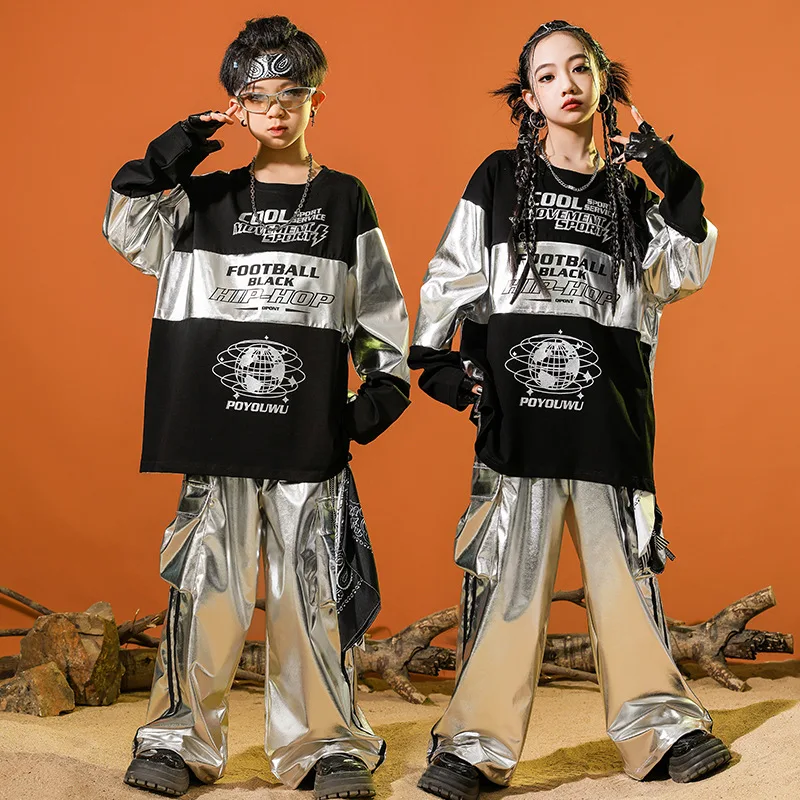 Hip hop meninos azul sweatershirt calças do plutônio meninas casaco de dança rua calças jeans conjuntos roupas crianças streetwear criança jazz traje