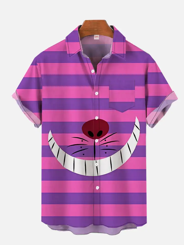 

Hawaiian striped anime smiley print men's short-sleeved shirt Beach casual men's lapel top 2024 new large size men's shirt