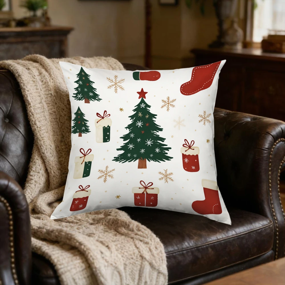 1Pc White Christmas Tree Snowflake Stocking Gift Box Cushion Cover for Home Sofa Bed Holiday Decor