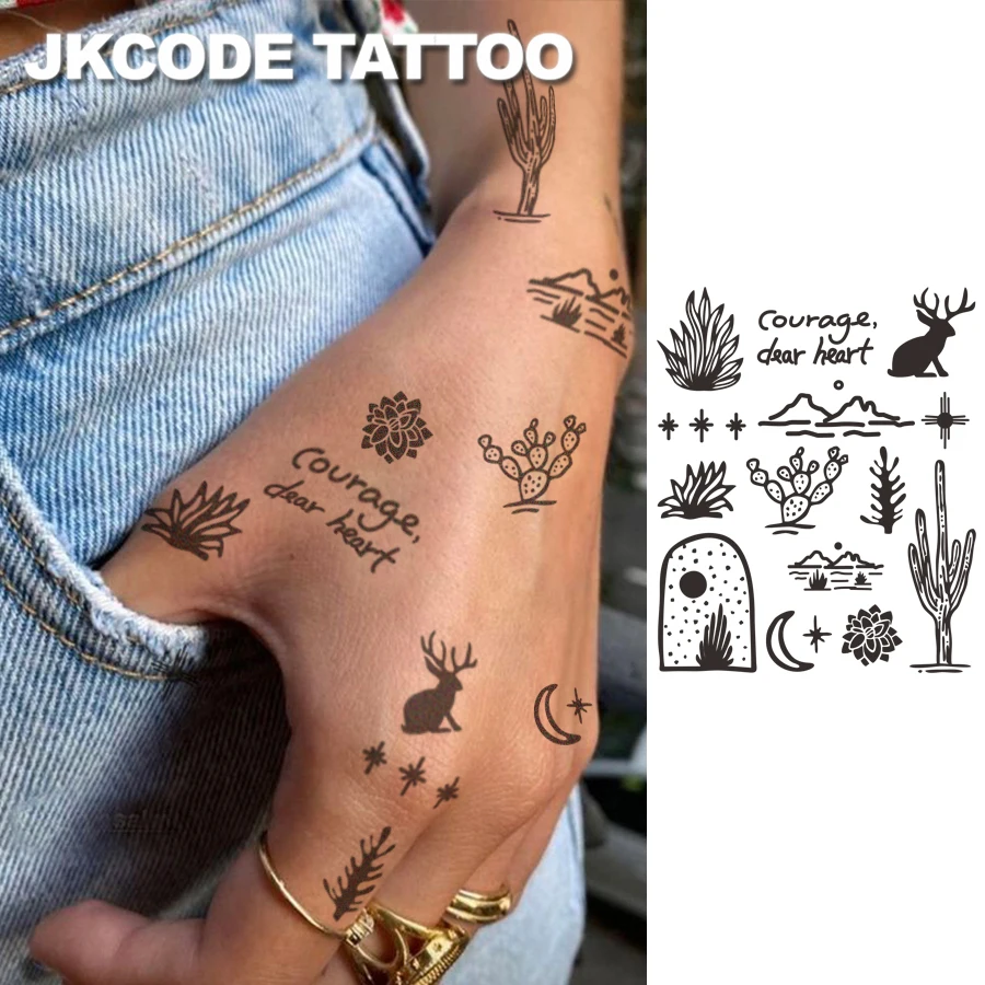 Motif mignon de la série Desert Plant - Motif de cactus et d'élan avec mots anglais - Tatouage de doigt femme mignon pour les mains, le cou et les pieds, autocollants de tatouage imperméables longue durée - Autocollants de tatouage élégants et durables pour 15 jours