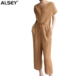 ALSEY Miyake Pleated Short-Sleeved Jumpsuit Spring Autumn New V-neck Plus Size Fit Slimming Casual Simple Pants for Women